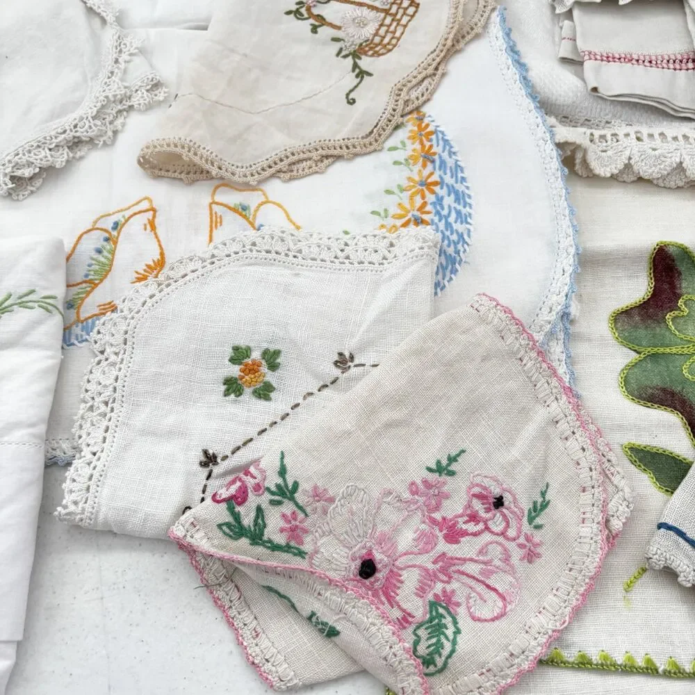 Vintage Cutter Linen Lot Doilies Eyelet Crochet Cottagecore Crafts Sewing